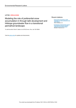 Modeling the Role of Preferential Snow Accumulation in Through Talik OPEN ACCESS Development and Hillslope Groundwater ﬂow in a Transitional