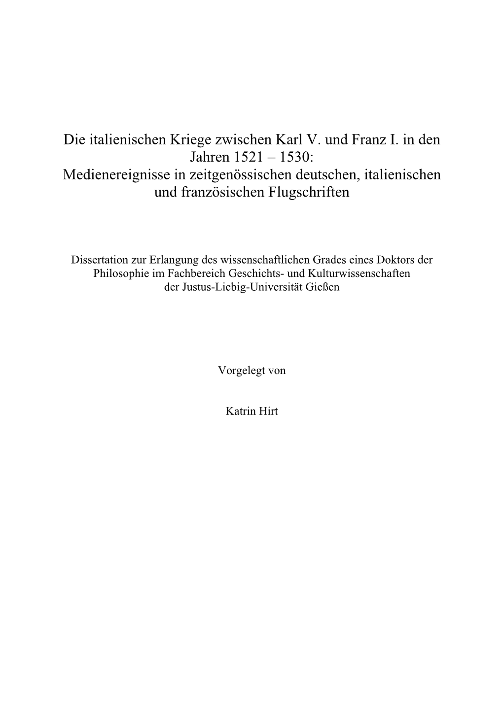 Die Italienischen Kriege Zwischen Karl V. Und Franz I. in Den Jahren 1521