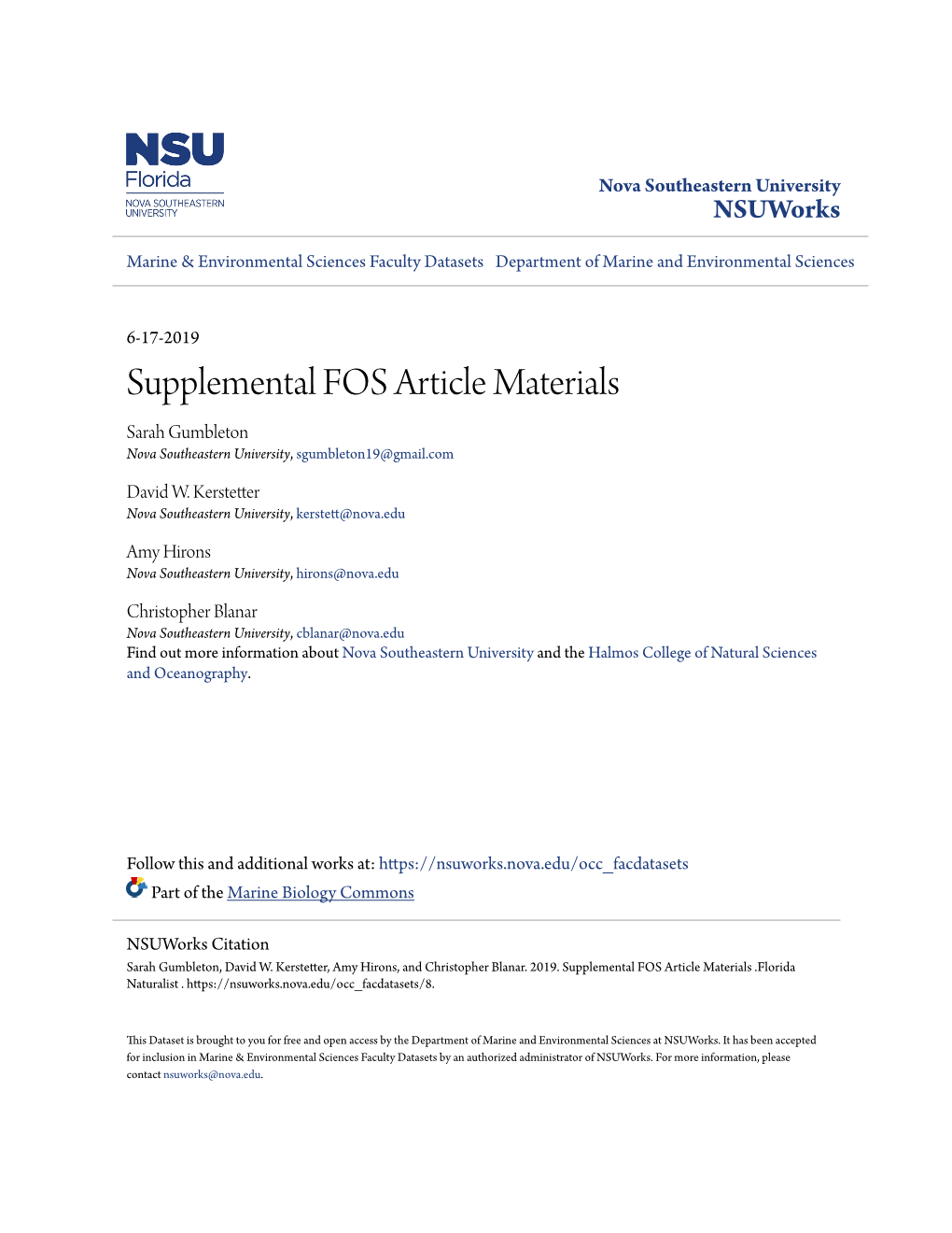 Supplemental FOS Article Materials Sarah Gumbleton Nova Southeastern University, Sgumbleton19@Gmail.Com