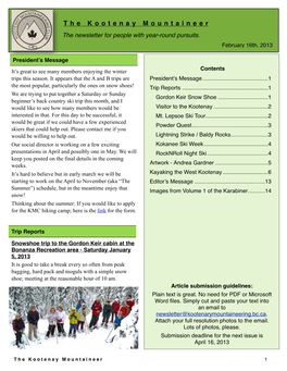 The Kootenay Mountaineer the Newsletter for People with Year-Round Pursuits