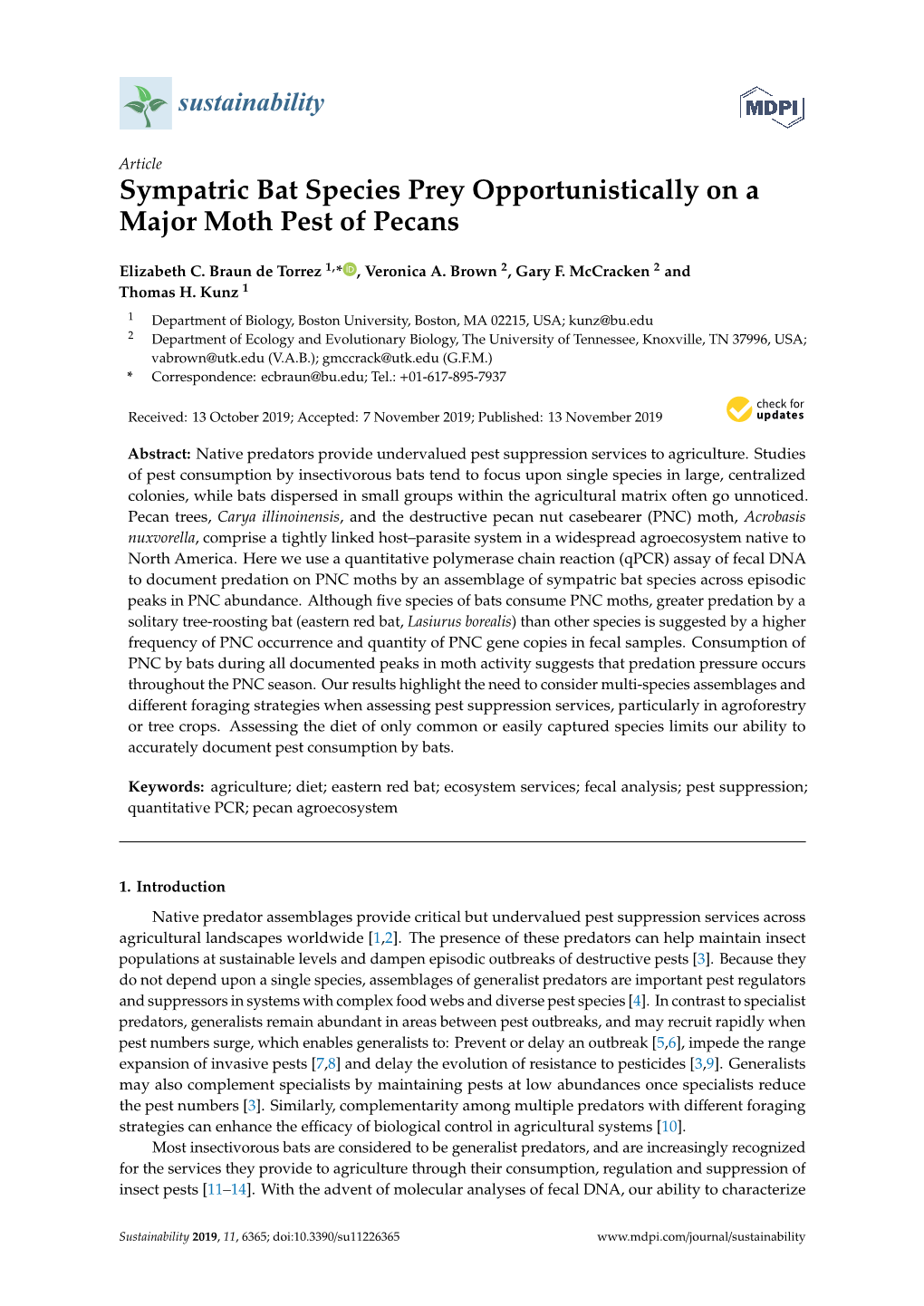 Sympatric Bat Species Prey Opportunistically on a Major Moth Pest of Pecans