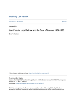 Law, Popular Legal Culture and the Case of Kansas, 1854-1856