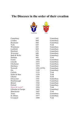 The Dioceses in the Order of Their Creation