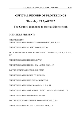 OFFICIAL RECORD of PROCEEDINGS Thursday, 19 April