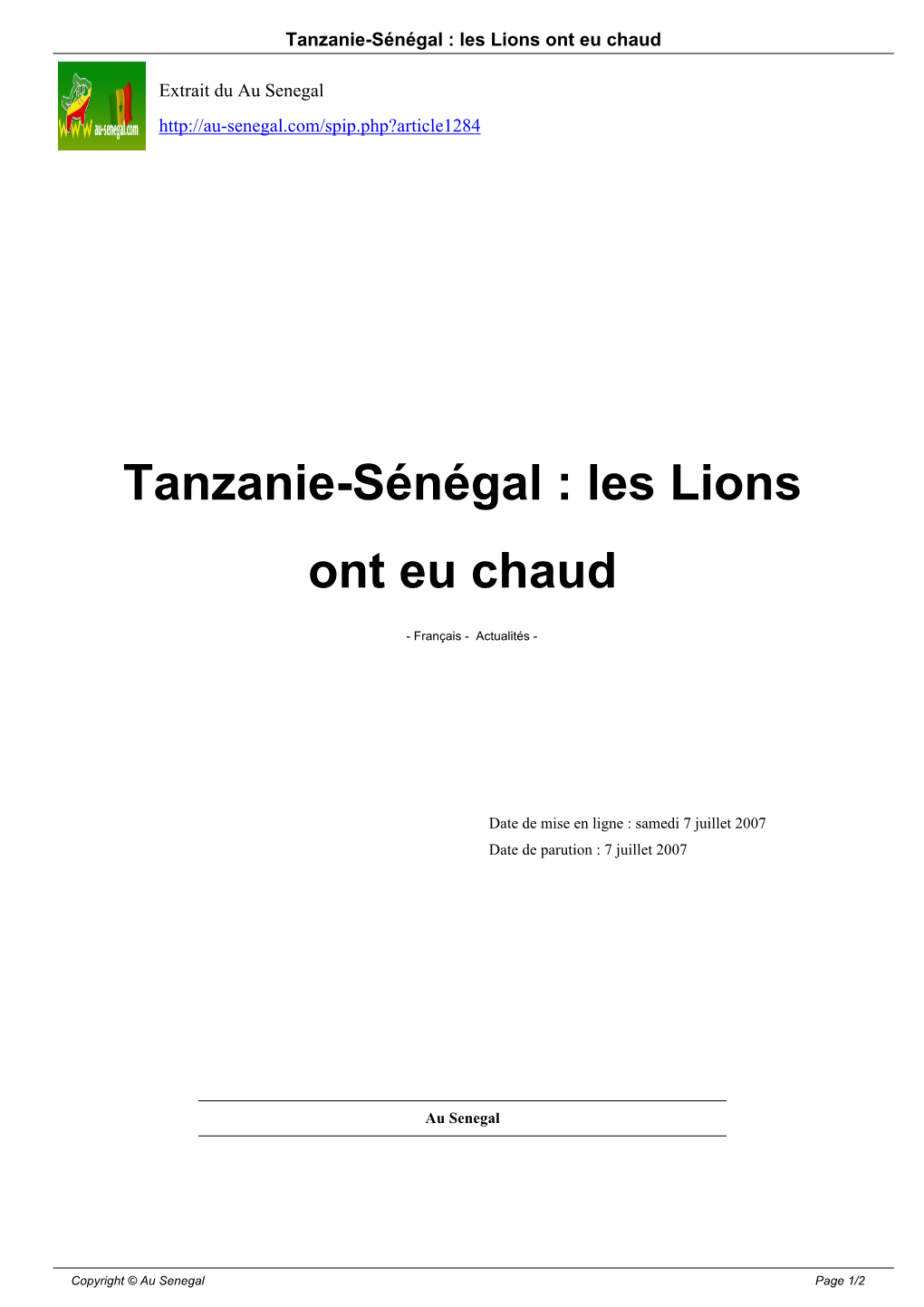 Tanzanie-Sénégal : Les Lions Ont Eu Chaud