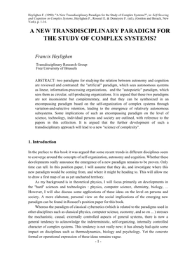 A New Transdisciplinary Paradigm for the Study of Complex Systems?", In: Self-Steering and Cognition in Complex Systems, Heylighen F., Rosseel E