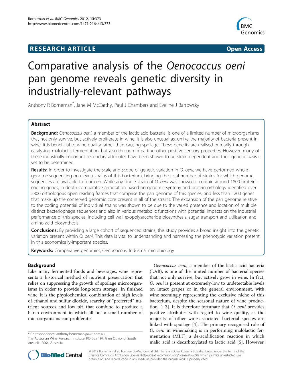 Comparative Analysis of the Oenococcus Oeni Pan Genome