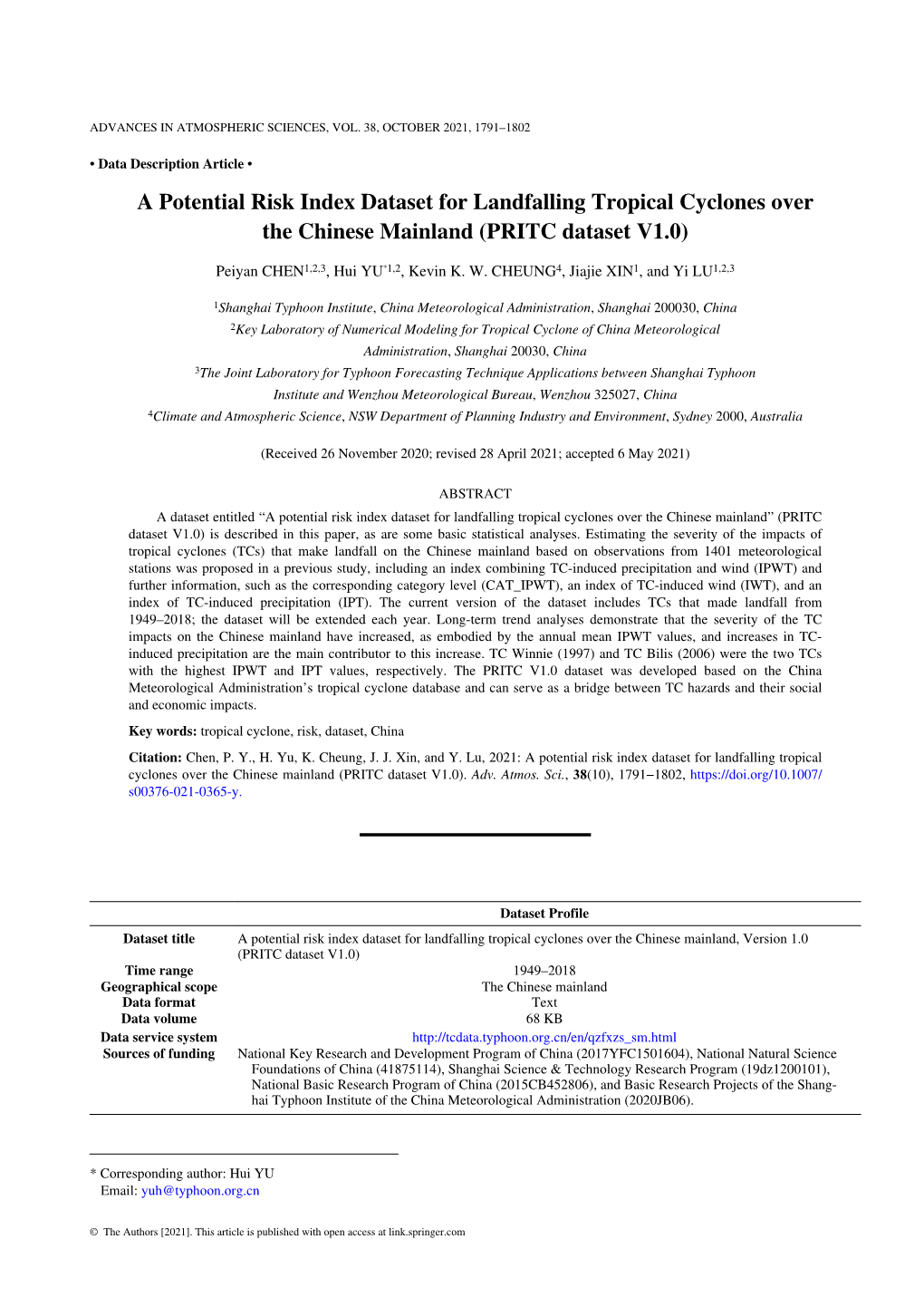 A Potential Risk Index Dataset for Landfalling Tropical Cyclones Over the Chinese Mainland (PRITC Dataset V1.0)