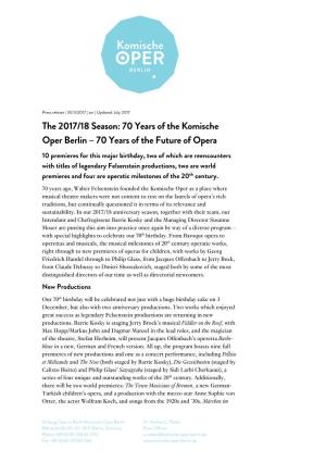 The 2017/18 Season: 70 Years of the Komische Oper Berlin – 70 Years Of
