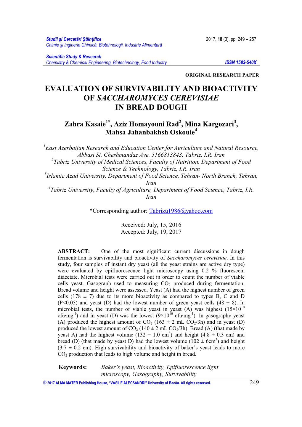 Evaluation of Survivability and Bioactivity of Saccharomyces Cerevisiae in Bread Dough