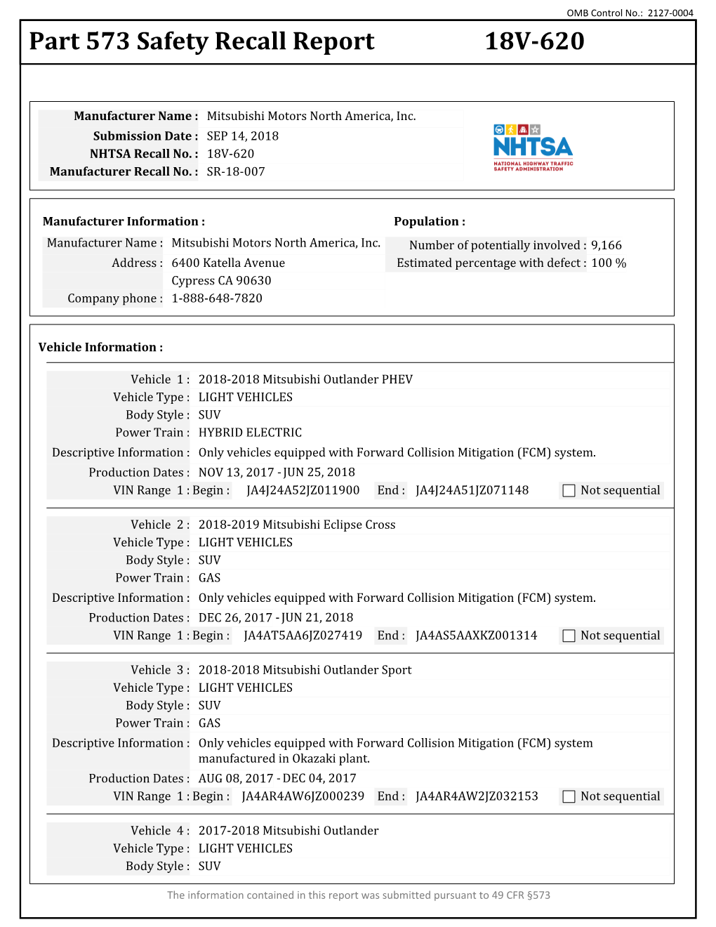 Part 573 Safety Recall Report 18V-620