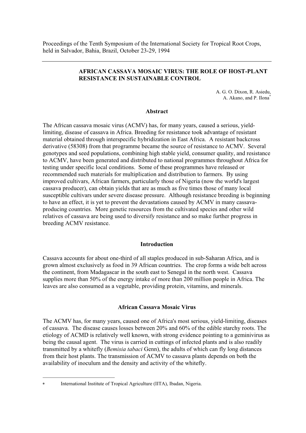 African Cassava Mosaic Virus: the Role of Host-Plant Resistance in Sustainable Control