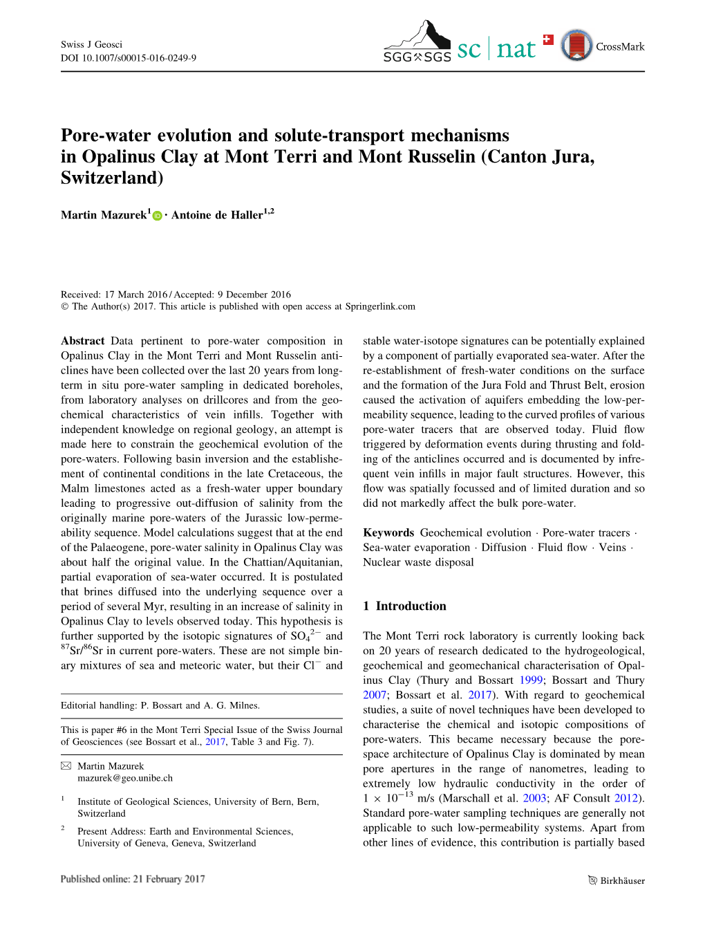 Pore-Water Evolution and Solute-Transport Mechanisms in Opalinus Clay at Mont Terri and Mont Russelin (Canton Jura, Switzerland)