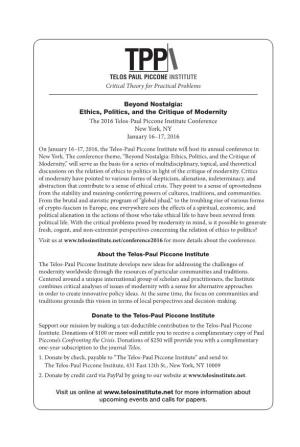 Beyond Nostalgia: Ethics, Politics, and the Critique of Modernity the 2016 Telos-Paul Piccone Institute Conference New York, NY January 16–17, 2016