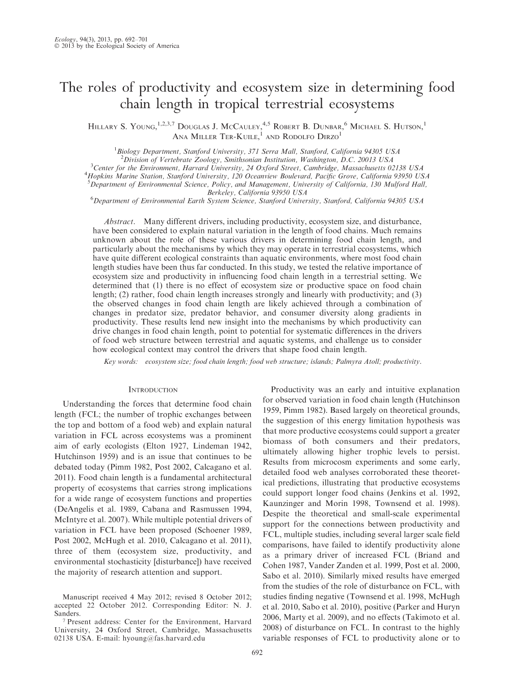 The Roles of Productivity and Ecosystem Size in Determining Food Chain Length in Tropical Terrestrial Ecosystems