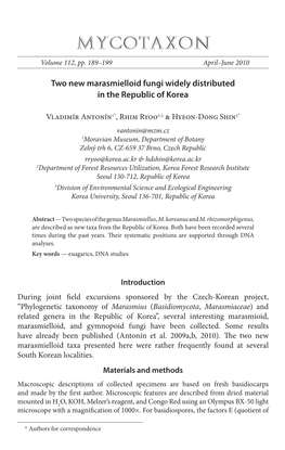 Two New Marasmielloid Fungi Widely Distributed in the Republic of Korea