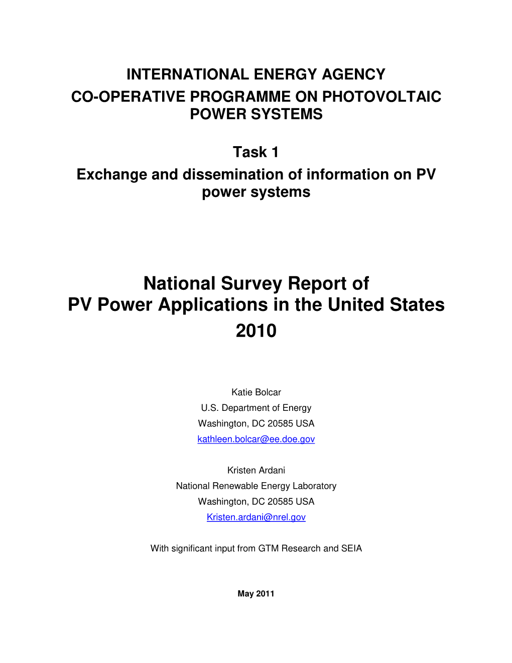 National Survey Report of PV Power Applications in the United States 2010