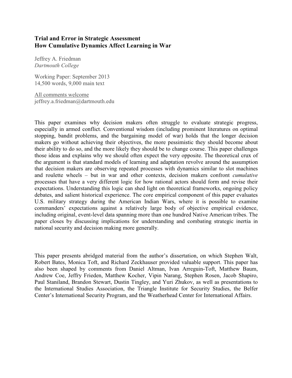 Trial and Error in Strategic Assessment How Cumulative Dynamics Affect Learning in War