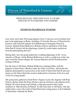 PRESS RELEASE: POPE JOHN PAUL II AWARD DIOCESE of WATERFORD and LISMORE STUDENTS PILGRIMAGE to ROME Last Week, More Than 180