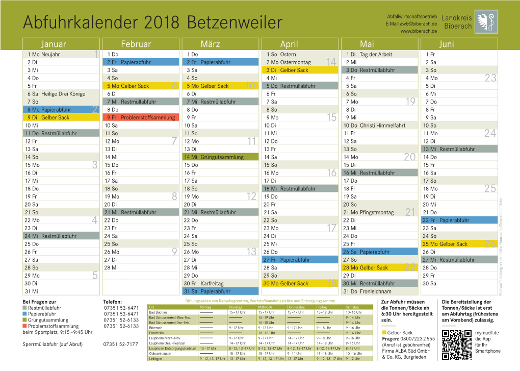 Abfuhrkalender 2018 Betzenweiler
