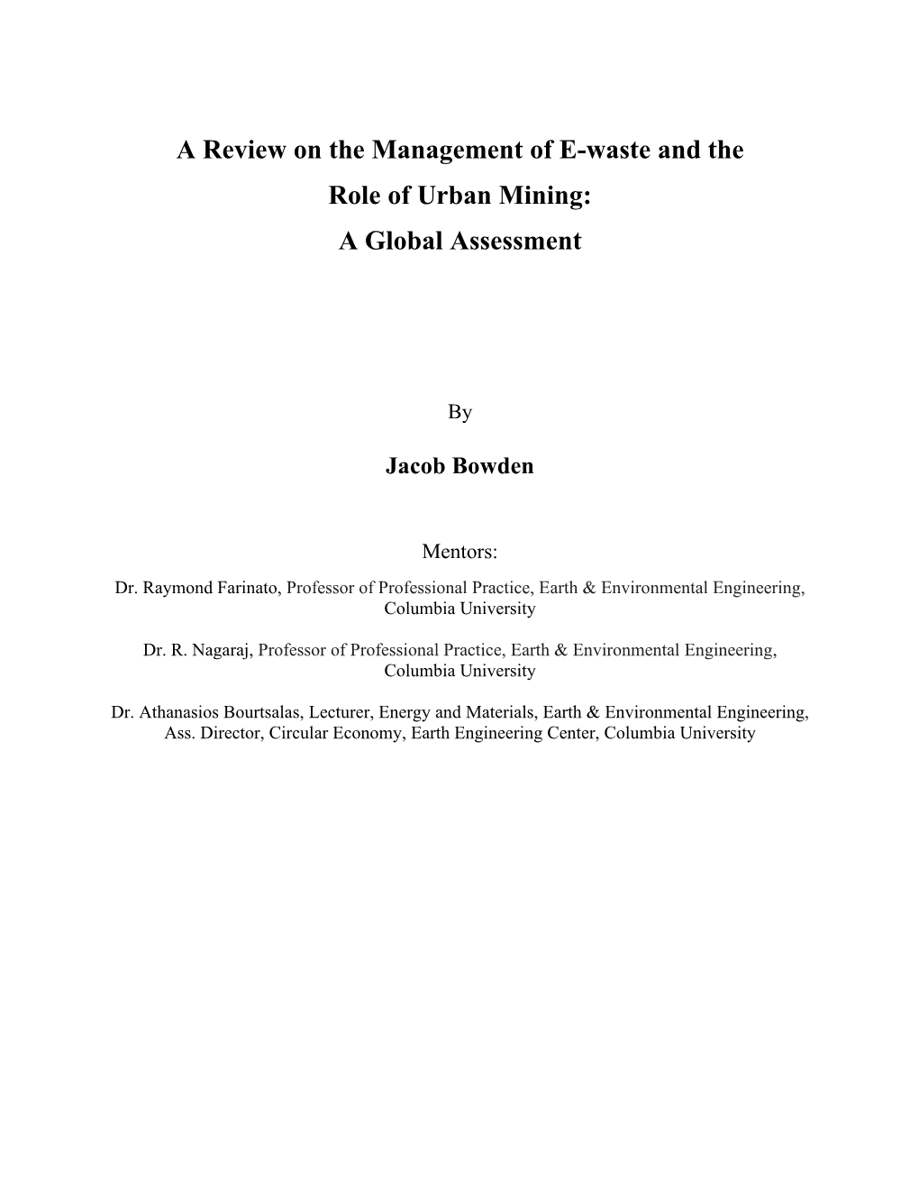 A Review on the Management of E-Waste and the Role of Urban Mining: a Global Assessment