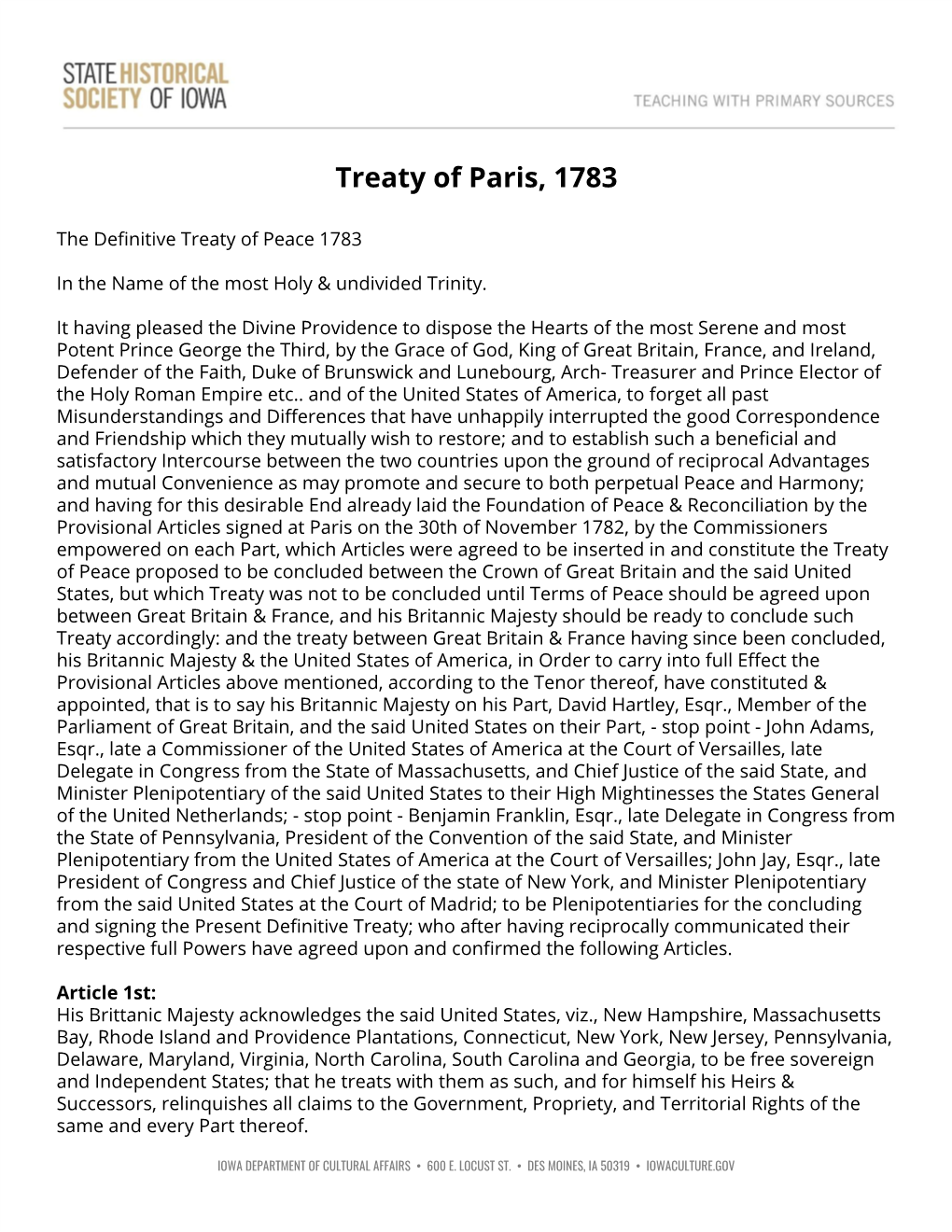 Treaty of Paris, 1783