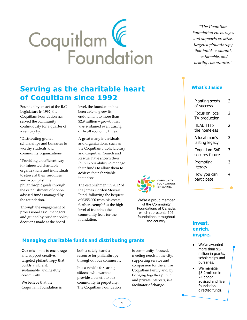 Pamphlet on the Coquitlam Foundation “Our Story”
