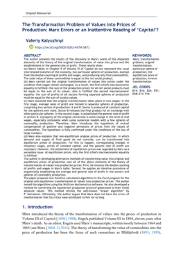 The Transformation Problem of Values Into Prices of Production: Marx Errors Or an Inattentive Reading of ‘Capital’?