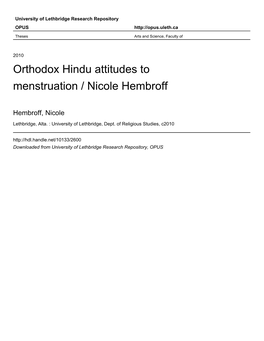 Orthodox Hindu Attitudes to Menstruation / Nicole Hembroff