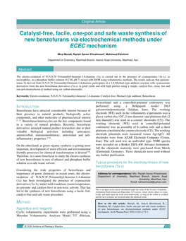 Catalyst-Free, Facile, One-Pot and Safe Waste Synthesis of New Benzofurans Via Electrochemical Methods Under ECEC Mechanism