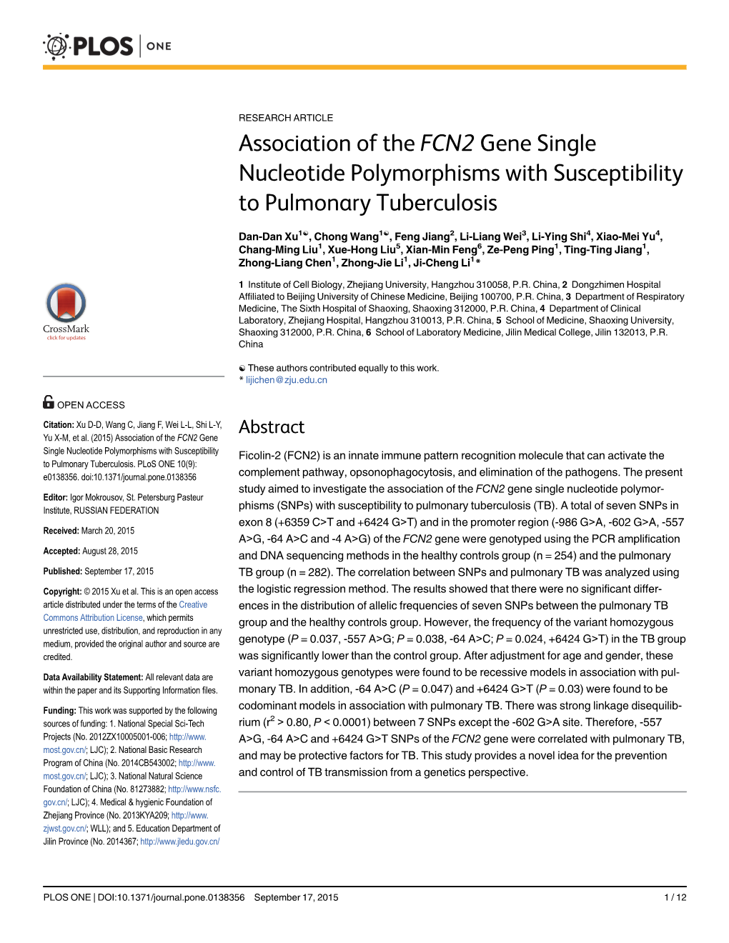 Association of the FCN2 Gene Single Nucleotide Polymorphisms with Susceptibility to Pulmonary Tuberculosis