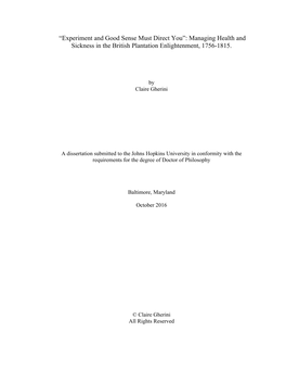 “Experiment and Good Sense Must Direct You”: Managing Health and Sickness in the British Plantation Enlightenment, 1756-1815