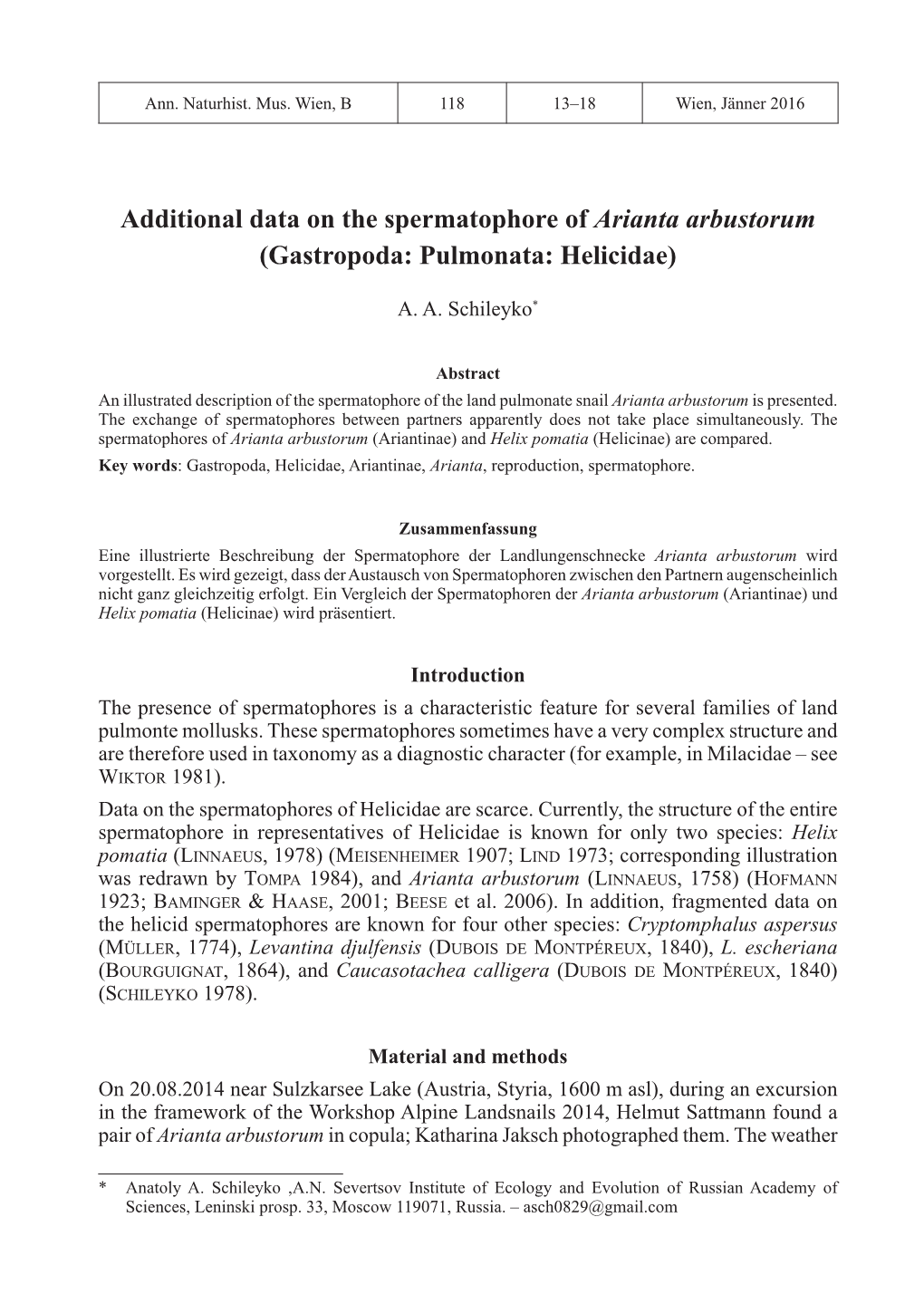 Additional Data on the Spermatophore of Arianta Arbustorum (Gastropoda: Pulmonata: Helicidae)