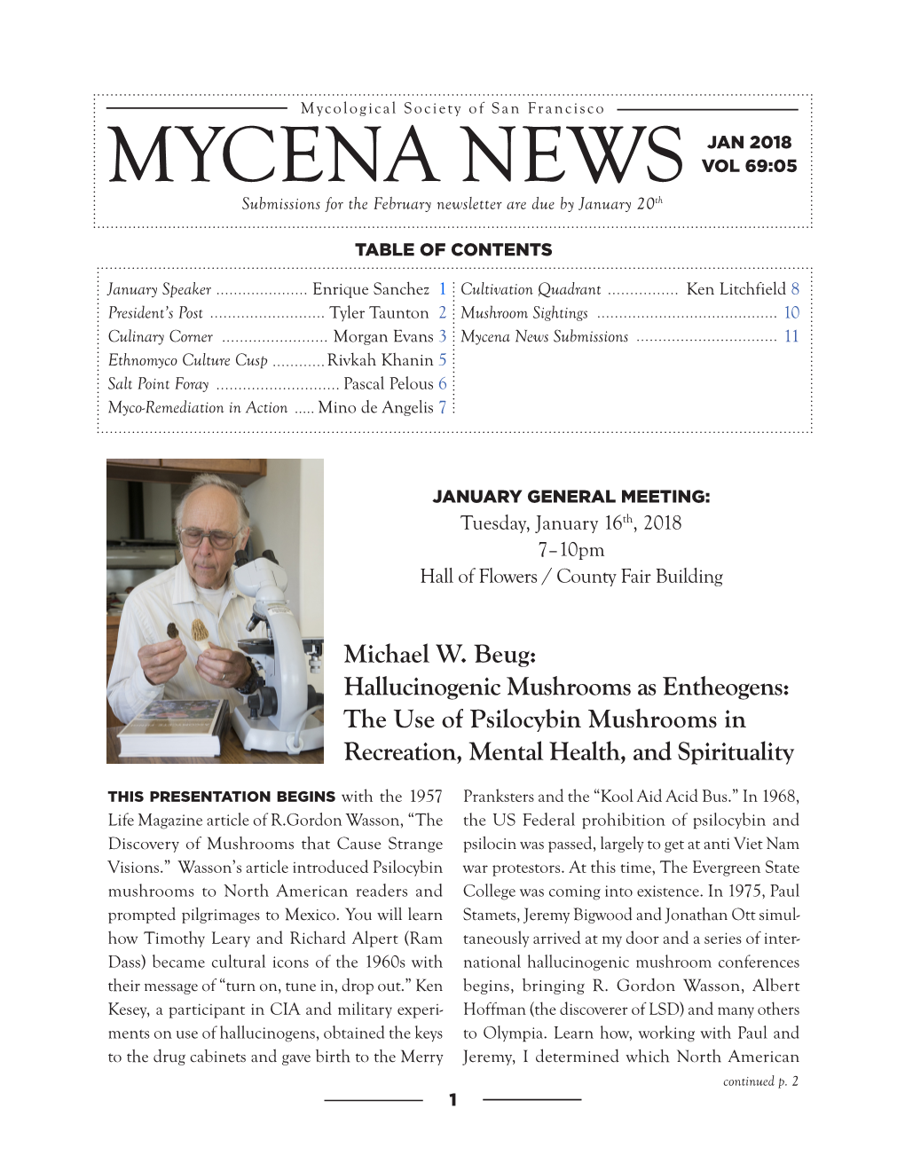 MYCENA NEWS VOL 69:05 Submissions for the February Newsletter Are Due by January 20Th