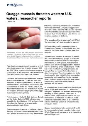 Quagga Mussels Threaten Western U.S. Waters, Researcher Reports 1 July 2008