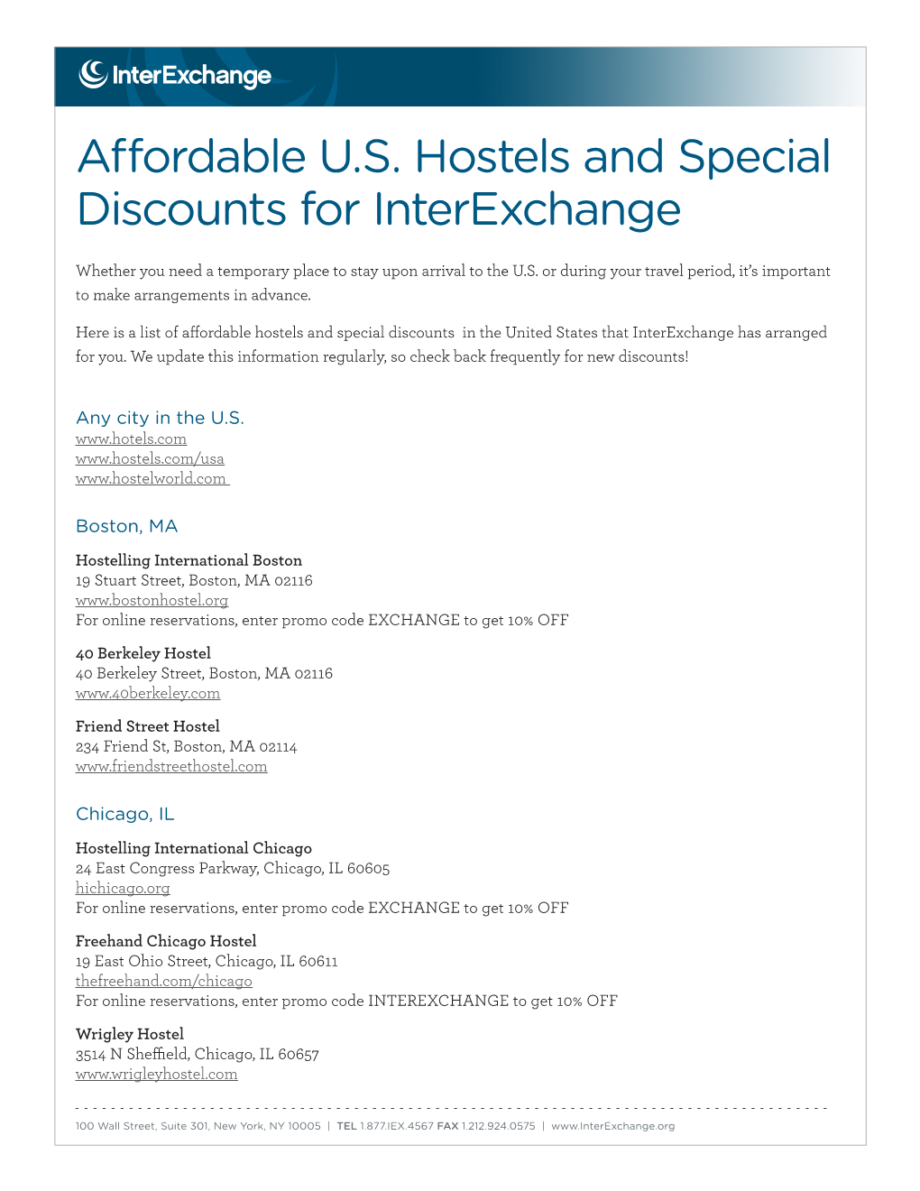 Affordable U.S. Hostels and Special Discounts for Interexchange