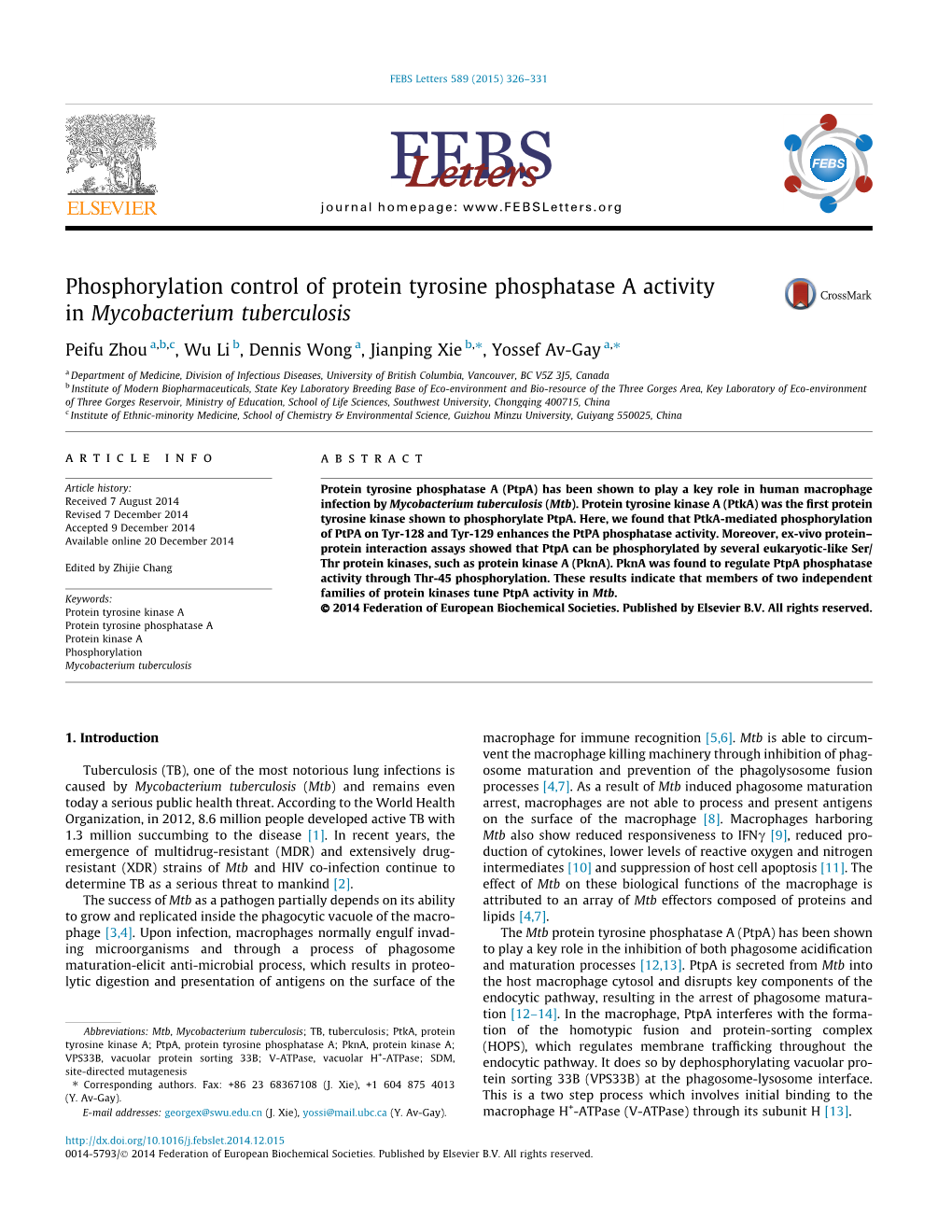 Phosphorylation Control of Protein Tyrosine Phosphatase a Activity in Mycobacterium Tuberculosis