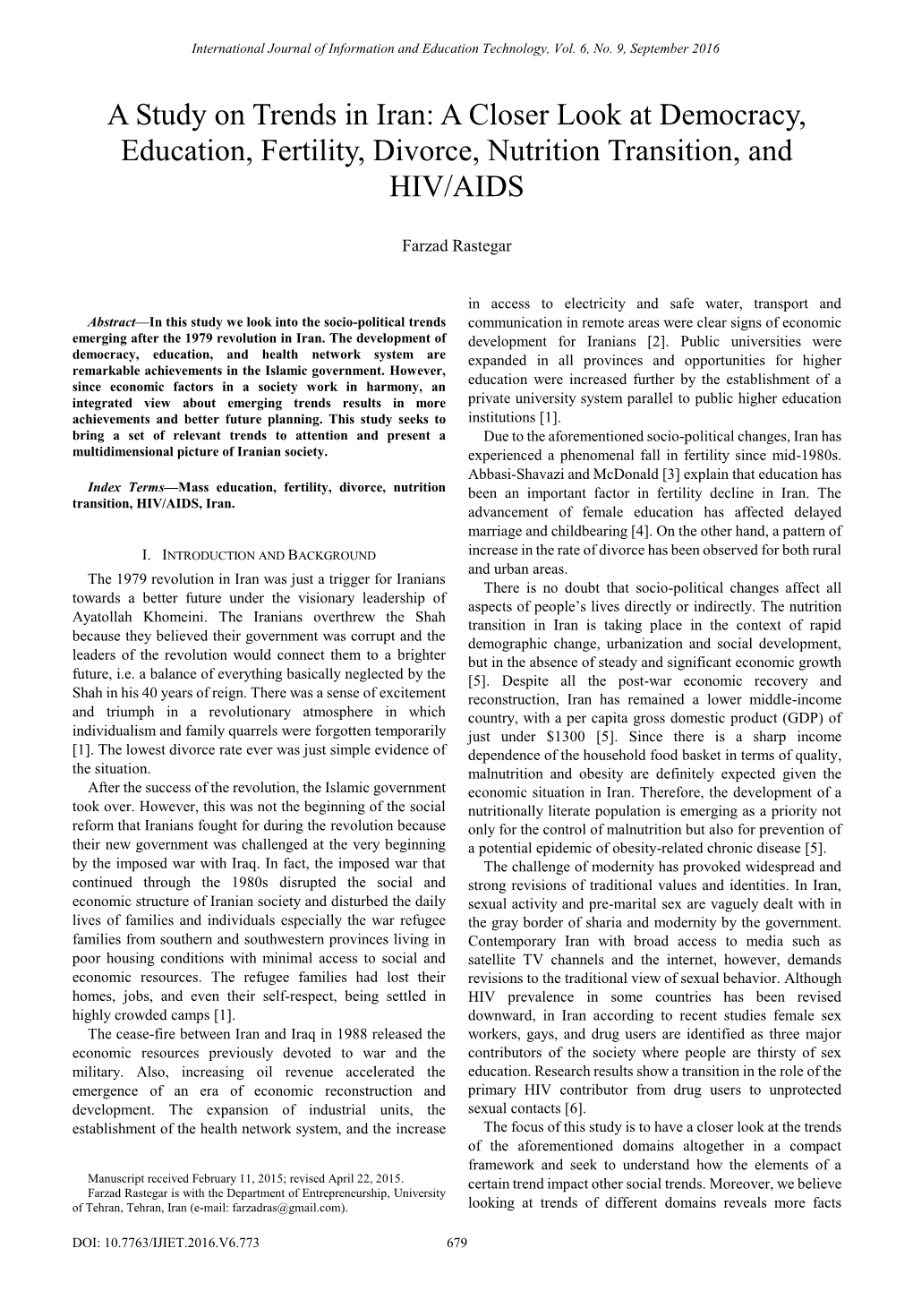 A Study on Trends in Iran: a Closer Look at Democracy, Education, Fertility, Divorce, Nutrition Transition, and HIV/AIDS