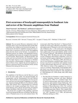First Occurrence of Brachyopid Temnospondyls in Southeast Asia and Review of the Mesozoic Amphibians from Thailand