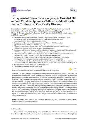 Entrapment of Citrus Limon Var. Pompia Essential Oil Or Pure Citral in Liposomes Tailored As Mouthwash for the Treatment of Oral Cavity Diseases