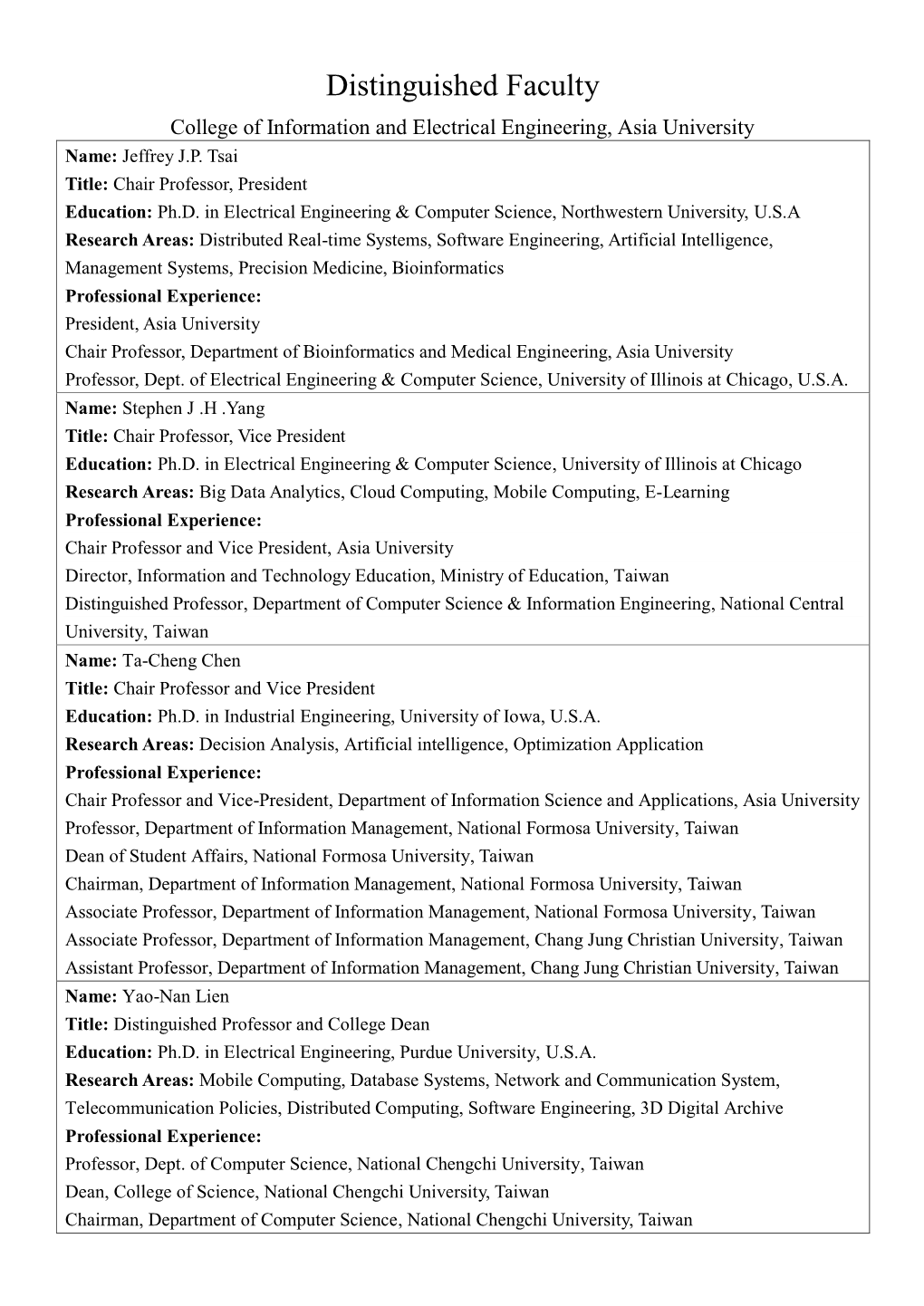 Distinguished Faculty College of Information and Electrical Engineering, Asia University Name: Jeffrey J.P