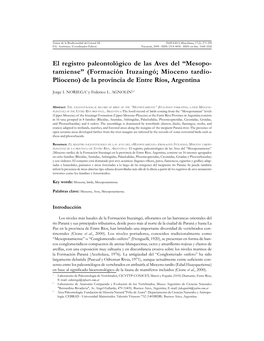 El Registro Paleontológico De Las Aves Del “Mesopo- Tamiense” (Formación Ituzaingó; Mioceno Tardío- Plioceno) De La Provincia De Entre Ríos, Argentina