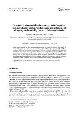 An Overview of Molecular Odonate Studies, and Our Evolutionary Understanding of Dragonﬂy and Damselﬂy (Insecta: Odonata) Behavior