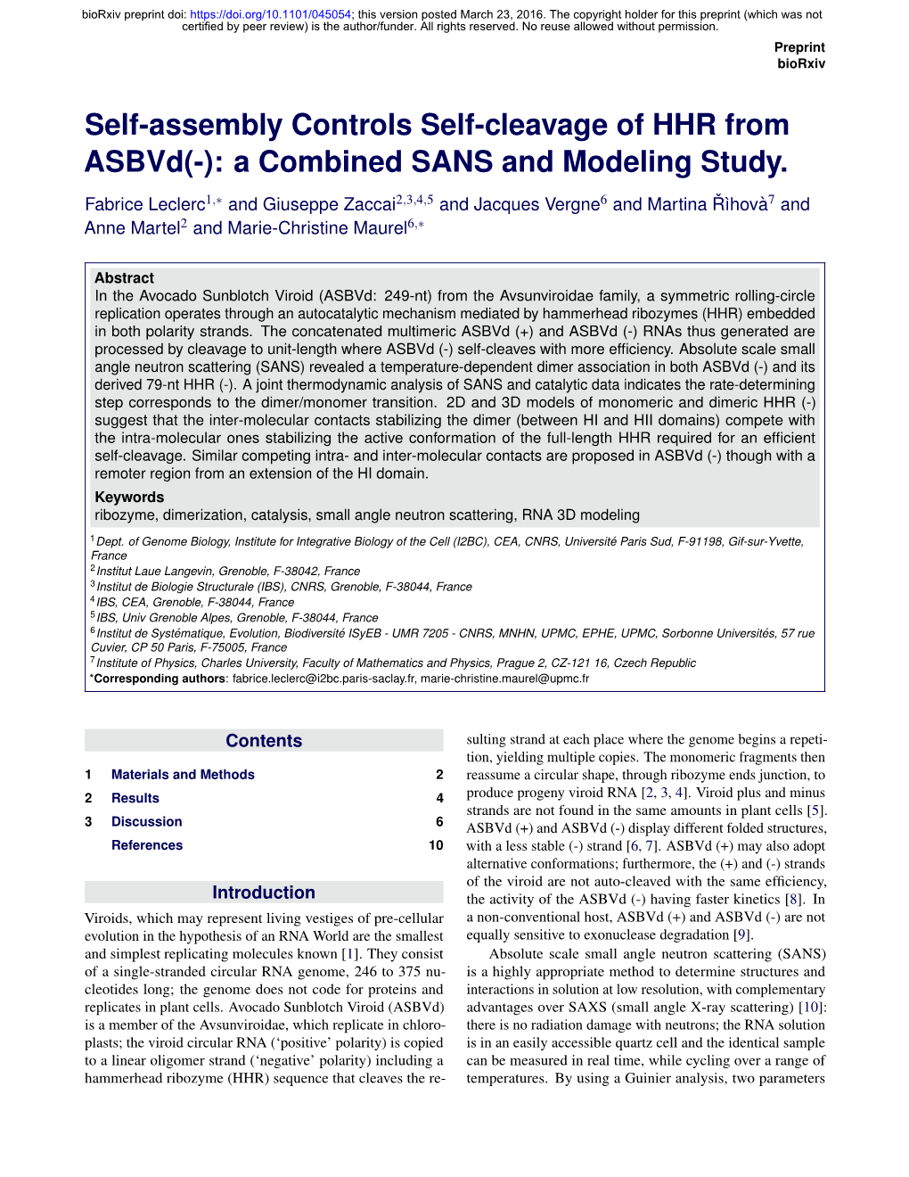 Self-Assembly Controls Self-Cleavage of HHR from Asbvd(-): a Combined SANS and Modeling Study