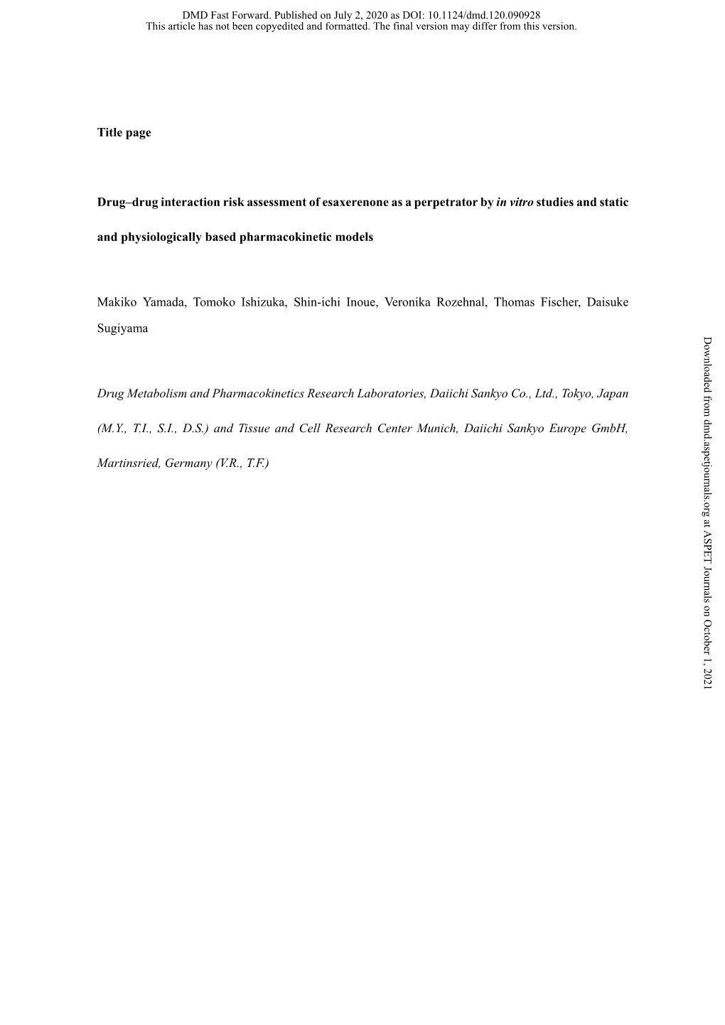 Drug–Drug Interaction Risk Assessment of Esaxerenone As a Perpetrator by in Vitro Studies and Static and Physiologically Based Pharmacokinetic Models