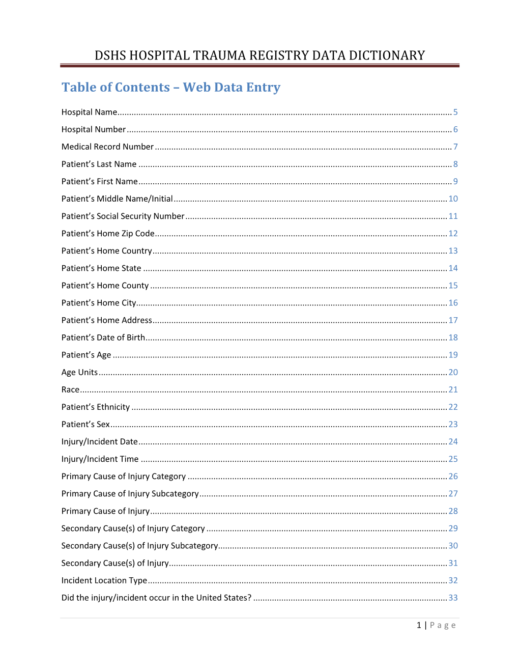 Dshs Hospital Trauma Registry Data Dictionary