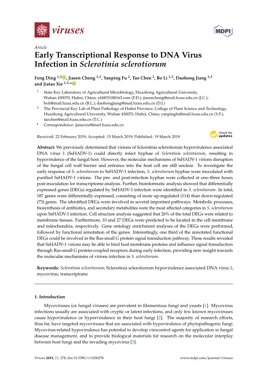 Early Transcriptional Response to DNA Virus Infection in Sclerotinia Sclerotiorum