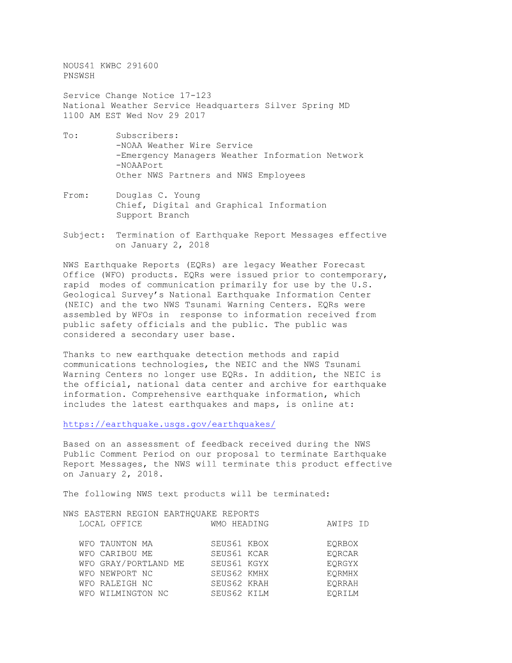 NOUS41 KWBC 291600 PNSWSH Service Change Notice 17-123