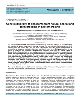 Genetic Diversity of Pheasants from Natural Habitat and Farm Breeding in Eastern Poland