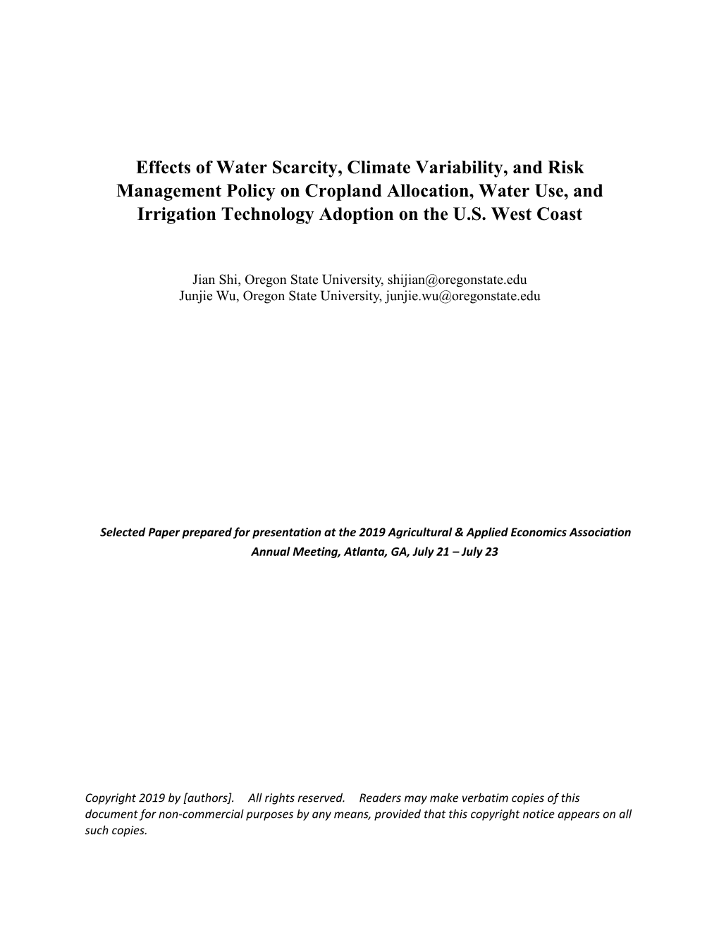 Effects of Water Scarcity, Climate Variability, and Risk Management Policy on Cropland Allocation, Water Use, and Irrigation Technology Adoption on the U.S